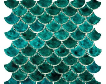 Decorative ceramic Mermaid Tiles in The Shape of a Fish Scale - Emerald Cove by Cerames - mosaic wall tiles for The Bathroom and Kitchen