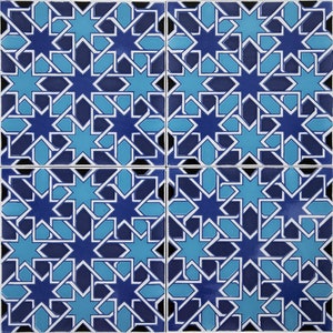 May include: A blue and white geometric tile pattern with a repeating star design. The tile is made of ceramic and has a glossy finish.