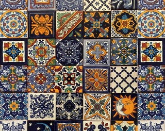 May include: A colorful tile mosaic with a variety of geometric patterns and designs. The tiles are arranged in a grid pattern and feature a mix of blue, yellow, red, green, and white colors.