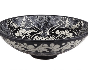 Mexican black and white sink, hand painted talavera countertop washbasin from Mexico 44 cm x 13,5 cm - Serena