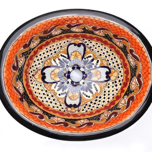 Ynes - Orange Mexican hand painted oval talavera ceramic sink drop in wash basin 41 cm x 30 cm
