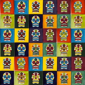 Mexican talavera tiles pop art designs of multi-colored tiles set of 30 tiles 10,5 cm x 10,5 cm - Calaveras