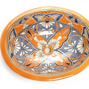 Yellow Mexican hand painted oval talavera ceramic sink - Alicia - 53 cm x 42,5cm x 15cm