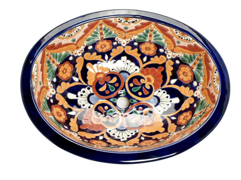 Dina Oragne Mexican Hand Painted Oval Talavera Ceramic Sink Counter Top Wash Basin From Mexico