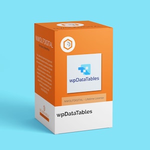 以下が含まれることがあります： オレンジ色の箱に「NWOLFDIGITAL - Lifetime License」と「wpDataTables」という白い文字が書かれています。箱には、「wpDataTables」という文字が書かれた青と白のロゴがあります。