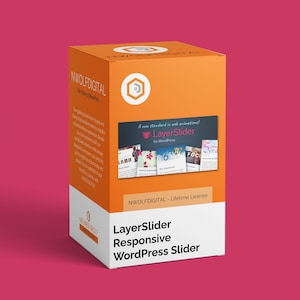 May include: An orange and white box with the text "LayerSlider Responsive WordPress Slider." The box features the NWOLFDIGITAL logo and a banner that reads "A new standard in web animation! LayerSlider for WordPress."