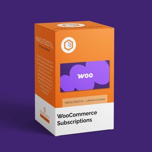 Könnte beinhalten: Orangefarbener Karton mit dem Text "NWOLFDIGITAL - The Future of WordPress" und "WooCommerce Subscriptions". Der Karton hat ein violettes Logo mit dem Wort "woo" darin.