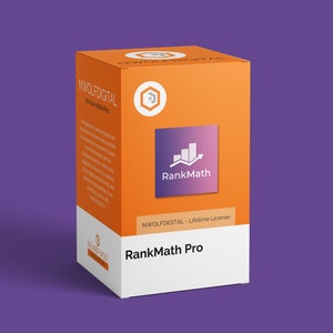 Puede incluir: Caja naranja con una etiqueta blanca que dice "RankMath Pro" y "NWOLFDIGITAL - Licencia de por vida". La caja también tiene un logotipo con un degradado morado y blanco y el texto "RankMath" en blanco.