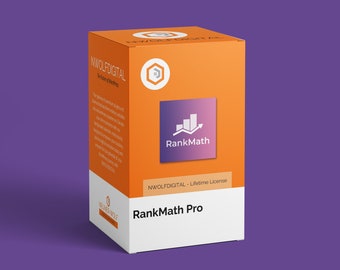 May include: Orange box with a white label that says "RankMath Pro" and "NWOLFDIGITAL - Lifetime License". The box also has a logo with a purple and white gradient and the text "RankMath" in white.
