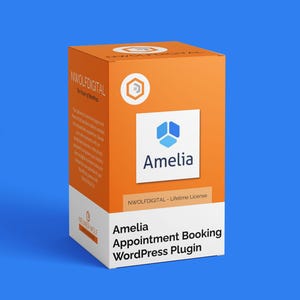 Peut inclure: Boîte orange avec le texte "Amelia Appointment Booking WordPress Plugin" et le logo Amelia, un cube bleu avec trois petits cubes à l'intérieur. Le texte "NWOLFDIGITAL - Lifetime License" est également sur la boîte.