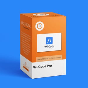 Può includere: Una scatola arancione e bianca con la scritta "WPCode Pro" e "WPCode" sul davanti. La scatola presenta anche il logo di NWOLF DIGITAL e la scritta "NWOLF DIGITAL - Licenza a vita". Lo sfondo è blu.