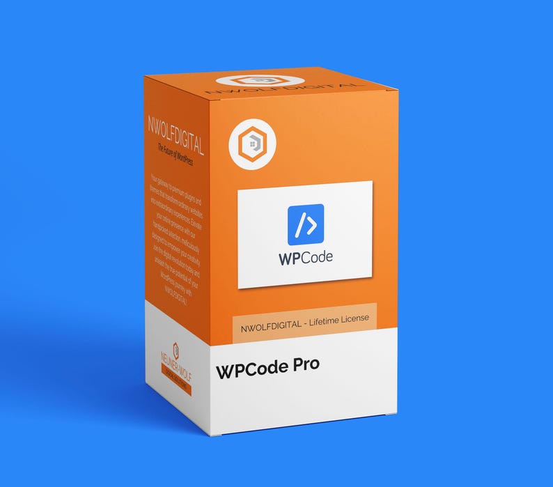 May include: An orange and white box with the text "WPCode Pro" and "WPCode" on the front. The box also features the logo for NWOLF DIGITAL and the text "NWOLF DIGITAL - Lifetime License". The background is a solid blue.