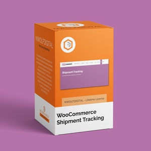 Op de afbeelding: Oranje en paarse doos met de tekst "NWOLFDIGITAL - Lifetime License" en "WooCommerce Shipment Tracking". De doos is een productverpakking voor een WooCommerce Shipment Tracking plugin.