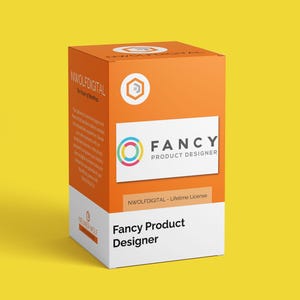 Może przedstawiać: Pomarańczowe pudełko z tekstem "NWOLFDIGITAL - The Future of WordPress" i "FANCY PRODUCT DESIGNER" z przodu. Pudełko ma również logo z kolorowym kółkiem i tekstem "NWOLFDIGITAL - Lifetime License" i "Fancy Product Designer".
