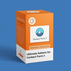 Könnte beinhalten: Orangefarbener Karton mit einem weißen Etikett, auf dem "Contact Form 7" und ein Bergsymbol abgebildet sind. Der Karton trägt außerdem die Aufschrift "NWOLFDIGITAL - Lifetime License" und "Ultimate Addons for Contact Form 7".
