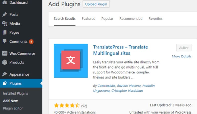 K&ouml;nnte beinhalten: Screenshot einer WordPress-Plugin-Verzeichnisseite, auf der das TranslatePress-Plugin angezeigt wird. Das Plugin hat eine 5-Sterne-Bewertung und &uuml;ber 40.000 aktive Installationen. Die Beschreibung des Plugins besagt, dass es Benutzern erm&ouml;glicht, ihre gesamte Website direkt vom Frontend aus einfach zu &uuml;bersetzen und mehrsprachig zu machen. Das Plugin bietet auch volle Unterst&uuml;tzung f&uuml;r WooCommerce, komplexe Themes und Website-Builder.