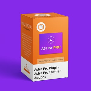 Könnte beinhalten: Orangefarbener Karton mit dem Text "NWOLFDIGITAL - Lifetime License" und "Astra Pro Plugin Astra Pro Theme + Addons". Der Karton hat ein violettes Quadrat mit dem Text "ASTRA PRO" und einem weißen Buchstaben "A" darin.