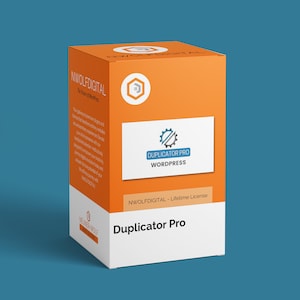 Może przedstawiać: Pomarańczowe i białe pudełko z tekstem "Duplicator Pro" i "NWOLFDIGITAL - Licencja dożywotnia". Pudełko zawiera również logo z kołem zębatym i tekstem "Duplicator Pro WordPress".