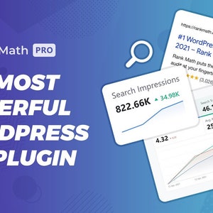 Peut inclure: Une capture d'&eacute;cran d'un site Web pr&eacute;sentant le plugin SEO WordPress RankMath PRO. Le site Web affirme que RankMath est le plugin SEO WordPress n&deg; 1 en 2021. La capture d'&eacute;cran montre un graphique avec une ligne bleue repr&eacute;sentant les impressions de recherche, qui sont pass&eacute;es de 4,32&nbsp;K &agrave; 822,66&nbsp;K. Le graphique montre &eacute;galement une ligne verte repr&eacute;sentant le trafic de recherche, qui est pass&eacute; de 25,26 &agrave; 46,16&nbsp;K.
