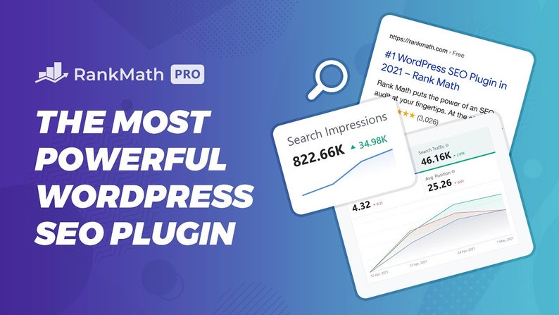 Peut inclure: Une capture d'&eacute;cran d'un site Web pr&eacute;sentant le plugin SEO WordPress RankMath PRO. Le site Web affirme que RankMath est le plugin SEO WordPress n&deg; 1 en 2021. La capture d'&eacute;cran montre un graphique avec une ligne bleue repr&eacute;sentant les impressions de recherche, qui sont pass&eacute;es de 4,32&nbsp;K &agrave; 822,66&nbsp;K. Le graphique montre &eacute;galement une ligne verte repr&eacute;sentant le trafic de recherche, qui est pass&eacute; de 25,26 &agrave; 46,16&nbsp;K.
