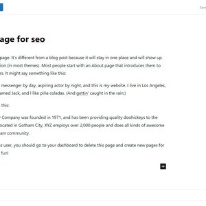 Peut inclure: Une capture d'&eacute;cran d'un &eacute;diteur de page WordPress avec le texte "testing page for seo" et un bouton qui dit "Add to SEO".
