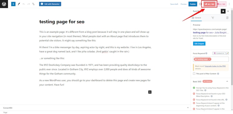Peut inclure: Une capture d'&eacute;cran d'un &eacute;diteur de page WordPress avec le texte "testing page for seo" et un bouton qui dit "Add to SEO".
