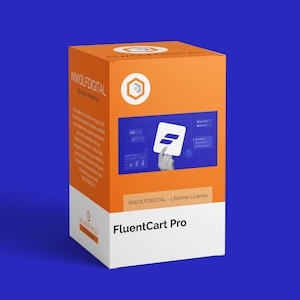 May include: An orange and white box with the text "NWOLFDIGITAL" and "FluentCart Pro." The box features a graphic of a hand holding a white card with a blue "S" logo. The background is blue.