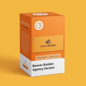 May include: Orange box with the text "NWOLFDIGITAL - Lifetime License" and "Beaver Builder Agency Version". The box also features a logo of a beaver with a crown and the text "beaverbuilder".