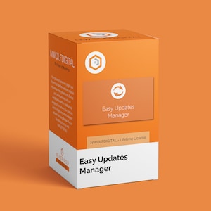 Puede incluir: Caja naranja con el texto "Easy Updates Manager" y "NWOLFDIGITAL - Lifetime License". La caja tiene un logotipo blanco con un icono de casa y el texto "NWOLFDIGITAL".