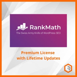 Peut inclure: Un fond d&eacute;grad&eacute; violet et rose avec un logo blanc qui dit "RankMath" et le slogan "The Swiss Army Knife of WordPress SEO". Sous le logo, le texte "Premium License with Lifetime Updates" est affich&eacute; en blanc.