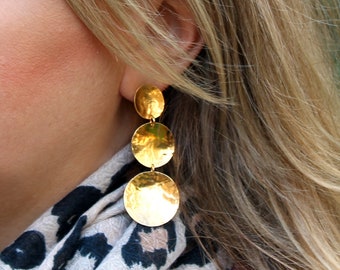 Big Circle Earrings, Circle Drop Earrings, Statement Earrings for Women, Unique Gold Jewelry, Long Circle Earrings, Gold Hammered Earrings