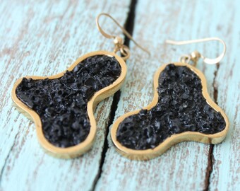 Black Stone Earrings, Gold Black Earrings, Unique Gold Jewelry, Statement Earrings for Women, Gold Artisan Earrings, Lava Earrings