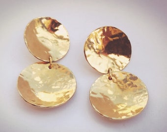 Circle Drop Earrings, Large Disc Earrings, Statement Earrings Women, Unique Gold Jewelry, Gold Hammered Earrings, Boho Gold Plated Earrings