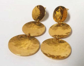 Circle Drop Earrings, Large Disc Earrings, Statement Earrings Women, Unique Gold Jewelry, Gold Hammered Earrings, Boho Gold Plated Earrings