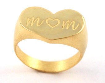 Gold Mom Ring, Heart Ring, 14K Gold Ring for Women, Heart Signet Ring, Personalized Jewelry, Personalized Gift For Mom, New Mom Ring