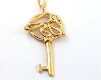 Gold Key Necklace, Key Pendant, 14K Gold Diamond Necklace, Unique Gold Jewelry, Gift Necklace Mom, Key Necklace Women, Key Charm Necklace