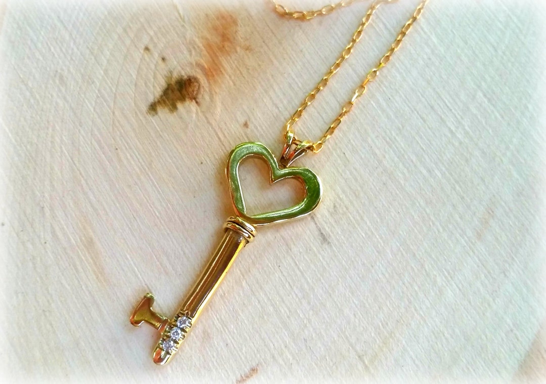 Solid Gold Pendant Necklace, Key to My Heart Necklace,heart Key