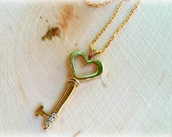 Solid Gold Pendant Necklace, Key to my Heart Necklace,Heart Key Necklace,14k Gold Key Pendant,Diamond Key Necklace,Solid Gold Heart Necklace