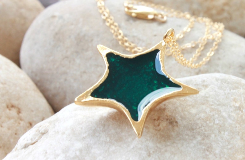 Star Necklace Delicate Gold Jewelry Customized Jewelry Green Enamel Necklace Dark Green Delicate Gold Necklace Golden Necklace