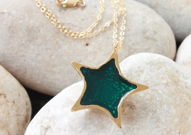 Star Necklace Delicate Gold Jewelry Customized Jewelry Green Enamel Necklace Dark Green Delicate Gold Necklace Golden Necklace