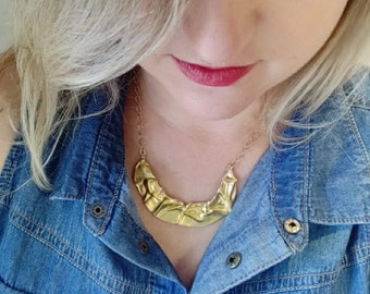 Gold Bib Necklace, Chunky Gold Necklace, Statement Necklace, Folds Necklace, Abstract Necklace, Gold Plated Jewelry, Modern Gold Necklace