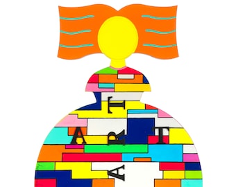 May include: A colorful abstract art sculpture with a geometric design. The sculpture is made of wood and painted in bright colors, including red, yellow, blue, green, and orange. The sculpture is shaped like a person with a large head and a wide skirt. The word "ART" is written on the skirt in black letters.