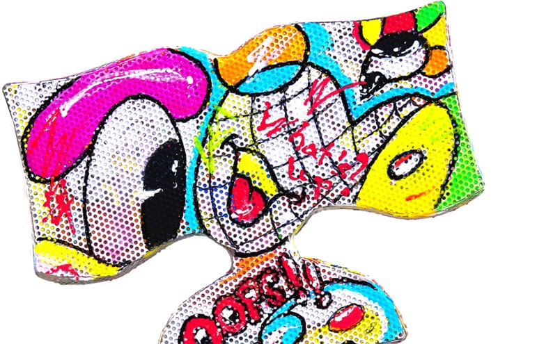 May include: A colorful abstract art piece with a white background and a black and white eye in the lower left corner. The art piece is made of a mesh material and has a variety of colors, including red, yellow, blue, green, and pink. The art piece also has a variety of shapes, including circles, squares, and triangles. The art piece is signed "Doors!" in the lower right corner.