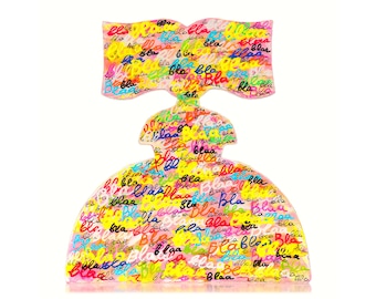 May include: A pink and yellow illustration of a perfume bottle with a bow on top. The bottle and bow are covered in the word "bla" written in various colors.