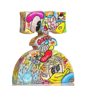 May include: A colorful, abstract sculpture with a cartoon-like design. The sculpture is made of multiple pieces, each with a different shape and texture. The sculpture is painted in bright colors, including red, yellow, blue, green, and pink. The sculpture features a variety of cartoon characters, including a duck, a rabbit, and a cat. The sculpture is a unique and eye-catching piece of art.