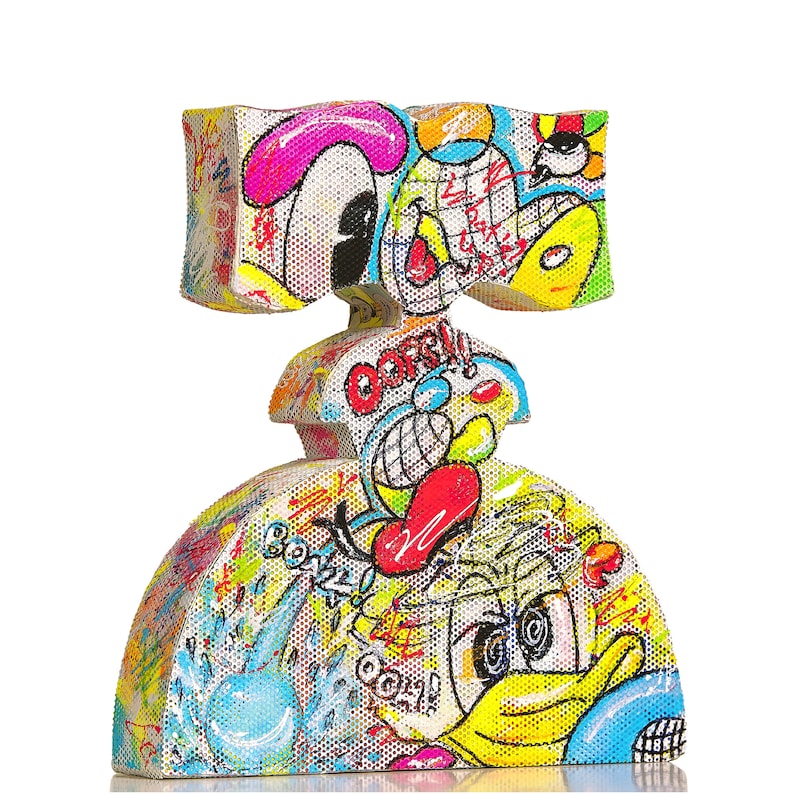 May include: A colorful, abstract sculpture with a cartoon-like design. The sculpture is made of multiple pieces, each with a different shape and texture. The sculpture is painted in bright colors, including red, yellow, blue, green, and pink. The sculpture features a variety of cartoon characters, including a duck, a rabbit, and a cat. The sculpture is a unique and eye-catching piece of art.
