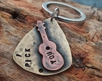 Guitar Pick Keychain  Mens Personalized Keychain  Mens Guitar Pick Keychain  Hand Stamped Guitar Pick  Metal Guitar Pick  Metal Keychain