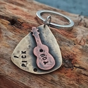 Guitar Pick Keychain Mens Personalized Keychain Mens Guitar Pick Keychain Hand Stamped Guitar Pick Metal Guitar Pick Metal Keychain image 1