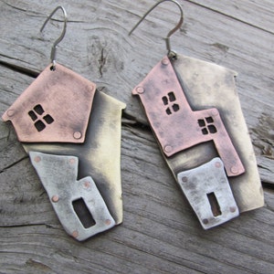 House Jewelry Earrings  Realtor Gift Earrings  Home Jewelry Earrings  Brass Earrings  Artisan Earrings  Metalwork Earrings  Rustic Earrings