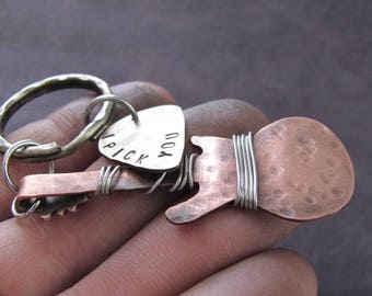 Guitar Pick Keychain  Mens Personalized Keychain  Mens Guitar Pick Keychain  Hand Stamped Guitar Pick  Metal Guitar Pick  Metal Keychain
